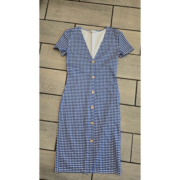 Zara Dresses & Skirts - Zara Blue White Gingham Button Front V-Neck Midi Dress Short Sleeve Size Medium